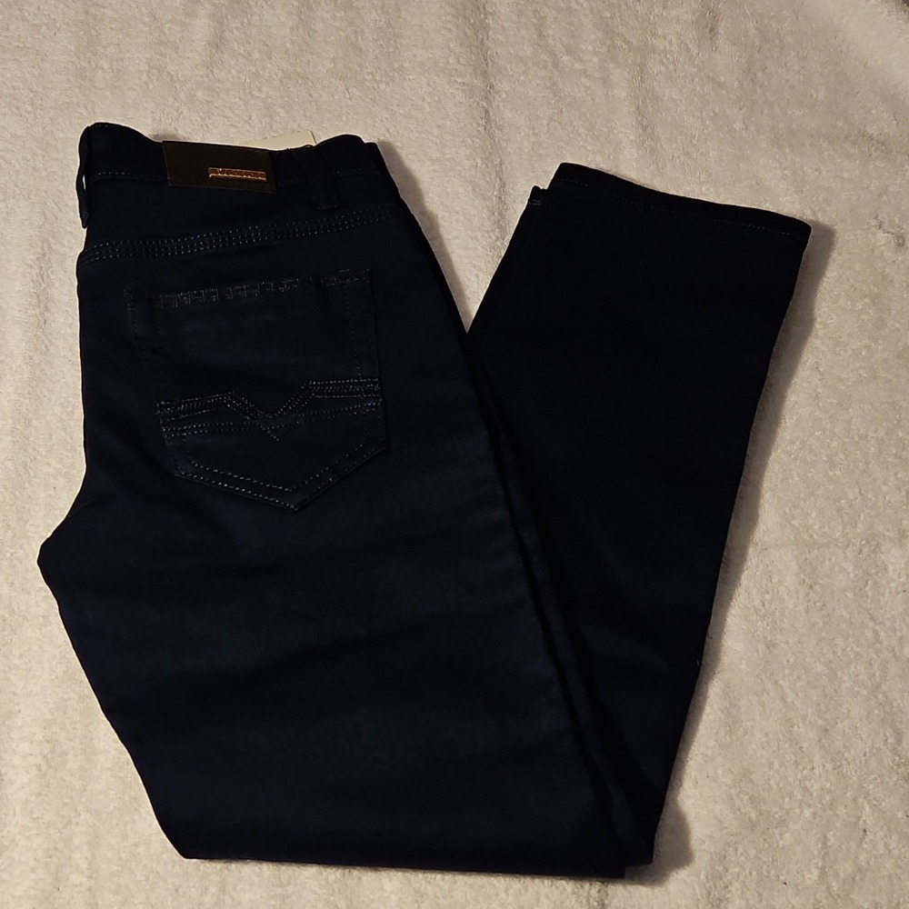 Pavini Women's Dark Blue Straight Jeans‎ Stretch Denim 5-Pocket Button Zip